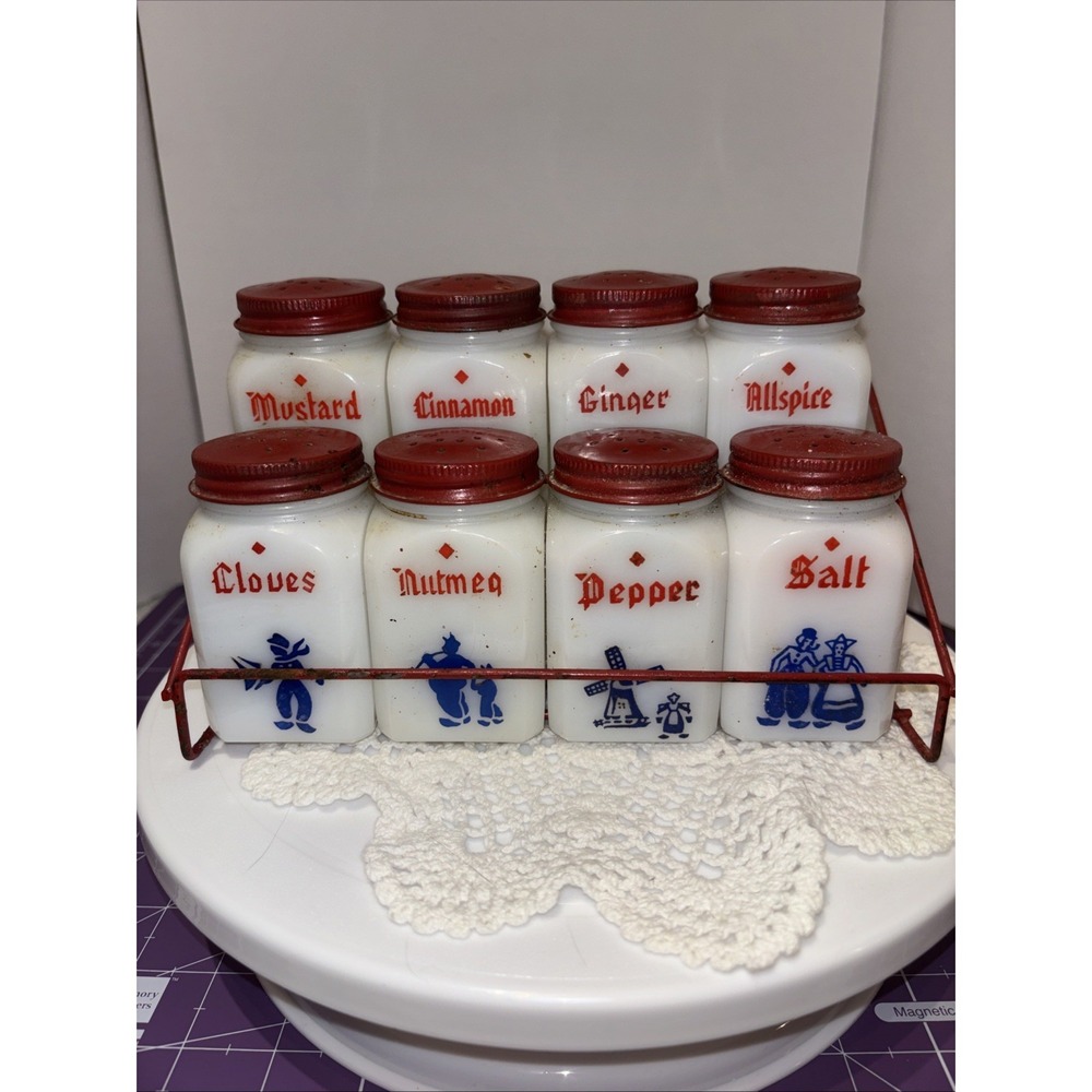 Vintage McKee Milkglass Dutch Spice Jars w/Rack